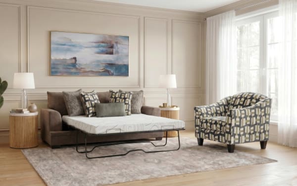 Savannah Cocoa 93'' transitional sleeper sofa with brown polyester fabric, Bob-O-Pedic® memory foam cushions, cooling gel mattress, and patterned accent chair.