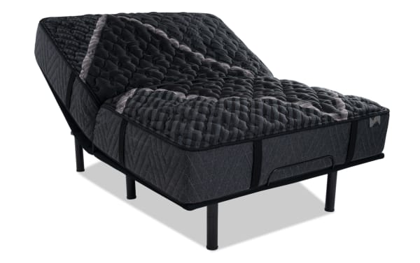 Power Bob Essential Base with Lush 13'' Twin Extra Firm Mattress in dark gray, adjustable base with head lift and wired remote, quilted cooling cover, firm support layers, and durable coil system from Lush collection.