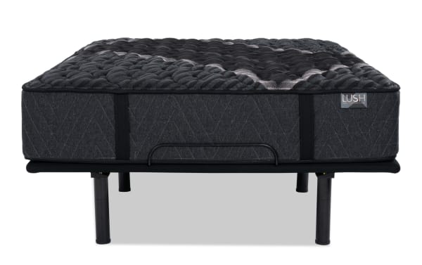 Power Bob Essential Base with Lush 13'' Queen Extra Firm Mattress in dark gray with quilted top, cooling cover, and firm support layers, from Lush collection.