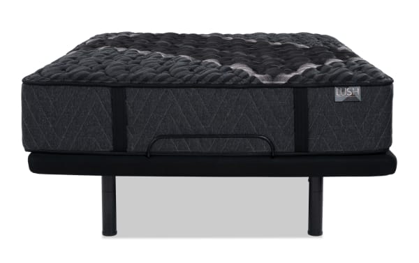 Power Bob Elite Base with Lush 13" Queen Extra Firm Mattress in dark gray with quilted top, cooling cover, and adjustable black base with USB ports and LED lighting.