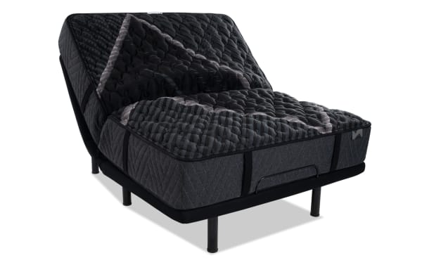 Power Bob Elite Base with Lush 13'' Queen Extra Firm Mattress in dark gray, featuring quilted cooling cover, layered foam, wrapped coil support, adjustable base with USB ports, wireless remote, and LED underbed lighting for customizable comfort.
