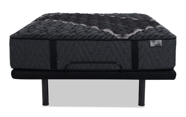 Power Bob Ultra Base with Lush 13'' Queen Extra Firm Mattress in dark gray with quilted top, black adjustable base with legs, and Lush brand tag.