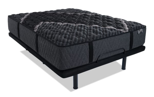Power Bob Ultra Base with Lush 13'' Queen Extra Firm Mattress in dark gray, featuring quilted cooling cover, firm support layers, and adjustable base with massager and USB ports.