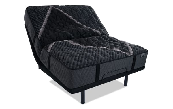 Power Bob Ultra Base with Lush 13'' Queen Extra Firm Mattress in dark gray, featuring quilted cooling cover, adjustable base with massager, Bluetooth, USB ports, and under-bed lighting for customizable firm support and comfort.