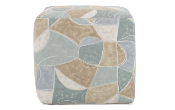 Contemporary Sydney Multicolored Pouf with abstract geometric pattern, durable polyester fabric upholstery, square shape for seating or footrest.