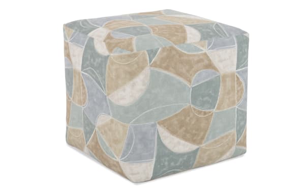 Contemporary Sydney Multicolored Pouf with abstract geometric pattern, durable polyester fabric, bold square shape for seating or footrest.