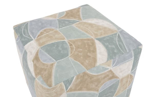 Contemporary Sydney Multicolored Pouf with abstract pattern in beige, blue, and gray tones, made of durable polyester fabric.