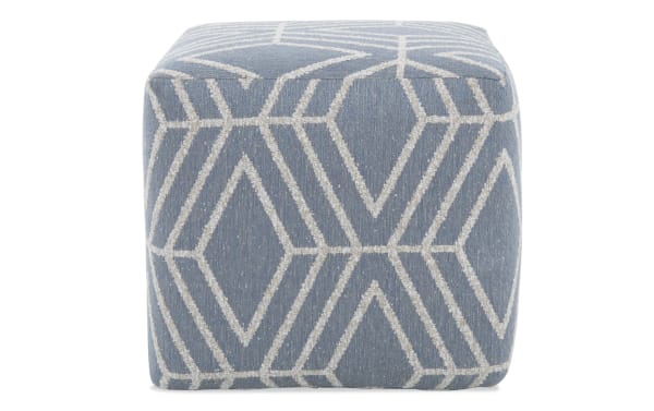 Contemporary Macy Bluestone Pouf with blue polyester fabric and geometric white pattern, square shape for seating or footrest.