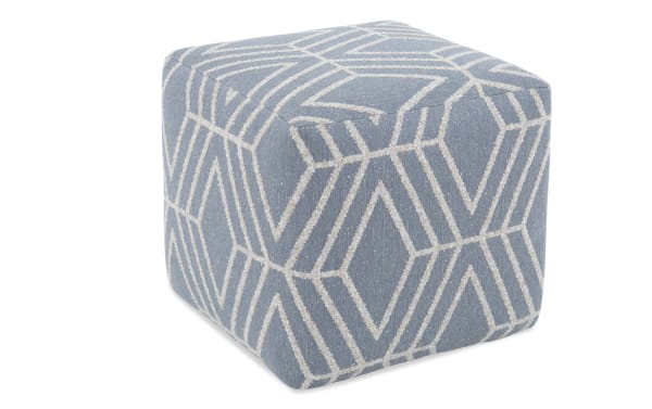Contemporary Macy Bluestone Pouf in blue polyester fabric, square shape with geometric white line pattern, soft and durable footrest or extra seating.
