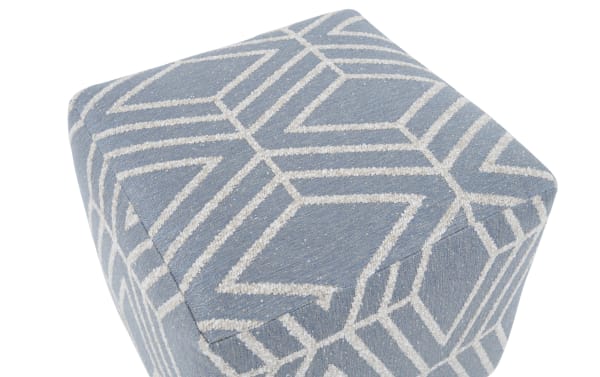 Contemporary Macy Bluestone Pouf in blue polyester fabric with geometric white pattern, providing a stylish, durable square seat or footrest.