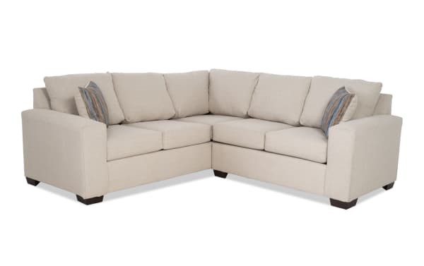 Haley Beige 91'' 2 Piece Sectional with beige polyester fabric upholstery, transitional style, two accent pillows, and plush seat cushions.
