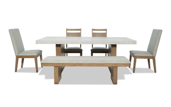 Monterey 6 Piece Natural & Gray Upholstered Dining Set with Bench, traditional style, gray polyester fabric, faux concrete melamine table top, rubberwood frame