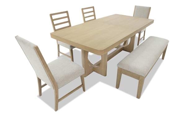 Malibu 6 Piece Natural & Gray Extendable Dining Set with solid acacia wood, gray polyester fabric upholstery, memory foam cushions, and storage bench.