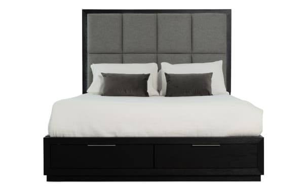 Loft Queen Espresso & Gray Upholstered Storage Platform Bed with gray polyester fabric, contemporary style, built-in drawers, and sleek padded headboard.