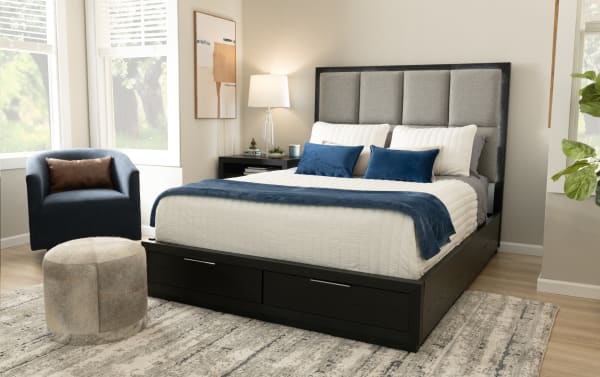 Loft Queen Espresso & Gray Upholstered Storage Platform Bed with gray polyester fabric, contemporary MDF frame, built-in drawers, and padded headboard.