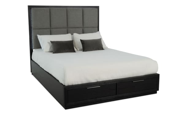 Loft Queen Espresso & Gray Upholstered Storage Platform Bed with gray polyester fabric, contemporary style, LED lighting, and built-in drawers for organization.