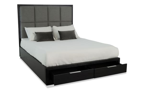 Loft Queen Espresso & Gray Upholstered Storage Platform Bed with gray polyester fabric, contemporary design, LED lighting, and dual under-bed drawers for storage.