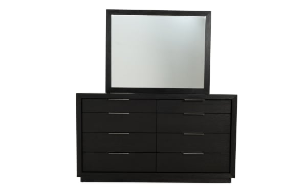 Contemporary Loft Espresso 8 Drawer Dresser & Mirror in dark MDF with sleek metal handles, beveled mirror, and spacious drawers for bedroom storage.