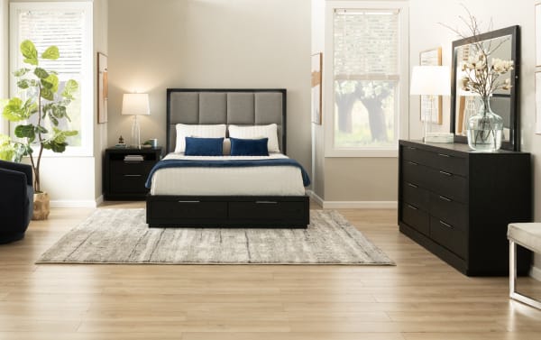 Contemporary Loft 4 Piece Queen Espresso & Gray Upholstered Storage Platform Bedroom Set with gray polyester fabric, cedar-lined drawers, LED lighting, and USB ports.