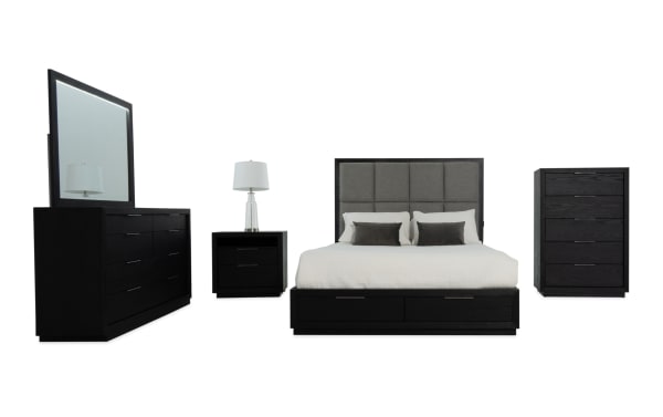 Contemporary Loft 5 Piece Queen bedroom set in espresso and gray with fabric-upholstered headboard, cedar-lined storage drawers, LED lighting, and USB ports.