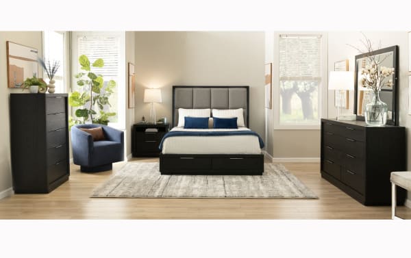 Contemporary Loft 5 Piece Queen Espresso & Gray Upholstered Storage Platform Bedroom Set with cedar-lined drawers, LED lighting, USB ports, and gray polyester fabric upholstery.