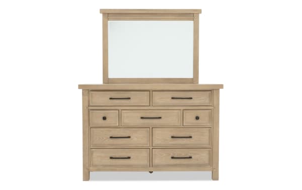 Hudson Natural 9 Drawer Dresser & Mirror in rustic distressed finish, transitional style, rubberwood and mango veneer, with pewter metal hardware.