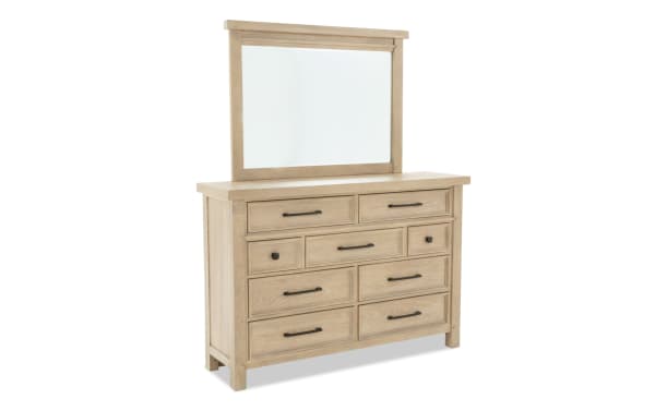 Hudson Natural 9 Drawer Dresser & Mirror in distressed light wood finish, transitional style with rubberwood, pine, mango veneer, and pewter metal hardware.