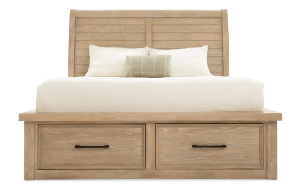 Hudson Queen Natural Storage Platform Bed with paneled sleigh headboard, rustic transitional style in natural rubberwood and pine solids, featuring two large front storage drawers with pewter hardware from the Hudson Bedroom collection.