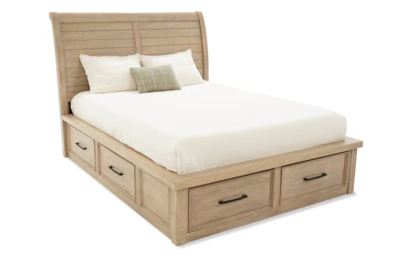 Hudson Queen Natural Storage Platform Bed in rustic transitional style, rubberwood and pine solids, six spacious drawers with pewter hardware.