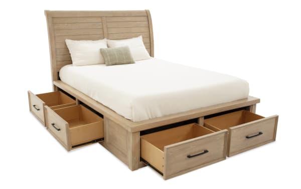 Hudson Queen Natural Storage Platform Bed in transitional style with rustic finish, six spacious drawers, rubberwood and mango veneer frame.