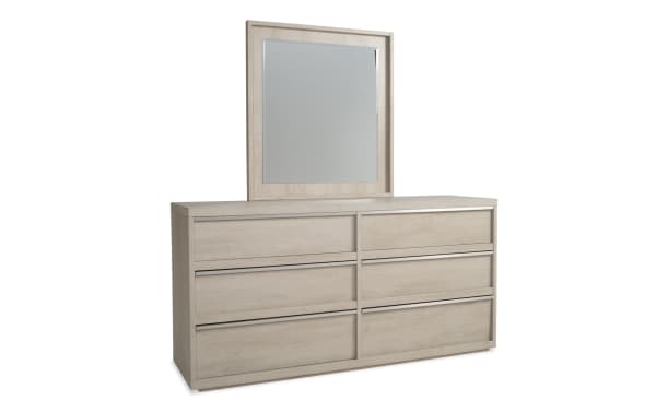 Delray White 6 Drawer Dresser & Mirror from Delray Bedroom collection, contemporary MDF dresser with six soft-close drawers and beveled mirror.