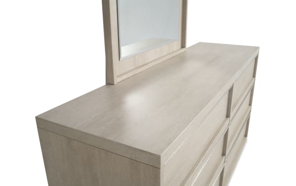 Delray White 6 Drawer Dresser & Mirror in contemporary style, made of white MDF with six soft-close drawers and a beveled mirror, from Delray Bedroom collection.