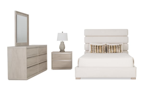 Delray 4 Piece Queen White Upholstered Panel Bedroom Set with contemporary white polyester fabric, MDF frame, soft-close drawers, USB/USB-C nightstand ports, and sleek panel bed design.