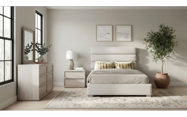 Delray 4 Piece Queen White Upholstered Panel Bedroom Set with polyester fabric, MDF frame, soft-close drawers, USB/USB-C nightstand, contemporary style.