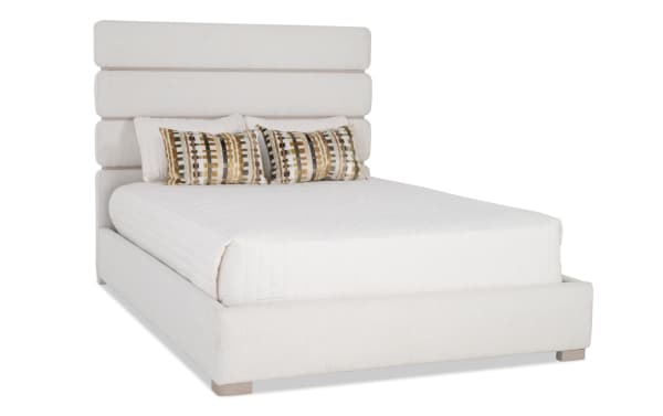 Delray 4 Piece Queen white upholstered panel bed with contemporary polyester fabric, padded headboard, and low-profile frame from Delray Bedroom collection.