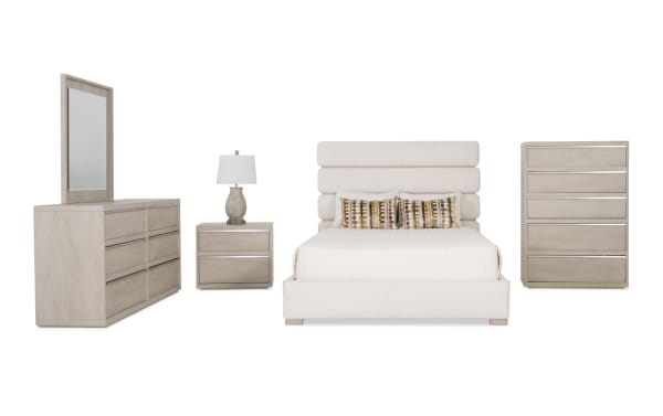 Delray 5 Piece Queen White Upholstered Panel Bedroom Set in contemporary style with white polyester fabric, MDF frame, soft-close drawers, USB/USB-C nightstand.