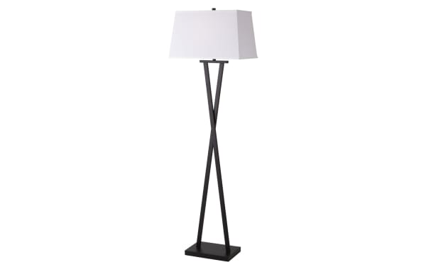 Modern floor lamp with a black metal twisted base and rectangular white fabric shade, ideal for living room or office lighting.