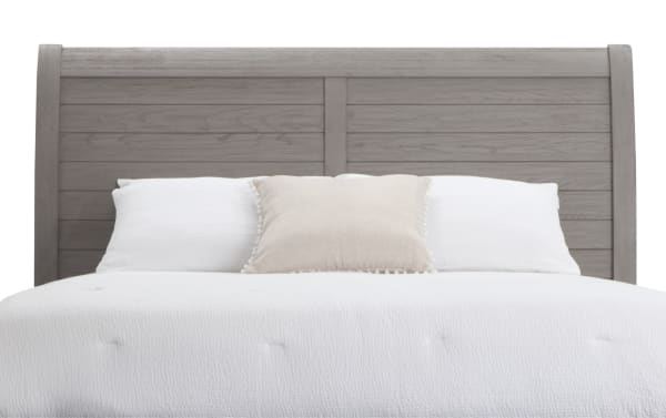 Hudson Full Gray Storage Platform Bed with paneled sleigh headboard, rubberwood and pine solids, transitional style, gray finish, from Hudson Bedroom collection.