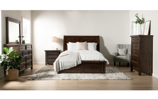 Hudson Queen Pecan Storage Platform Bed in rustic transitional style with six storage drawers, dark pecan rubberwood and mango veneer finish.