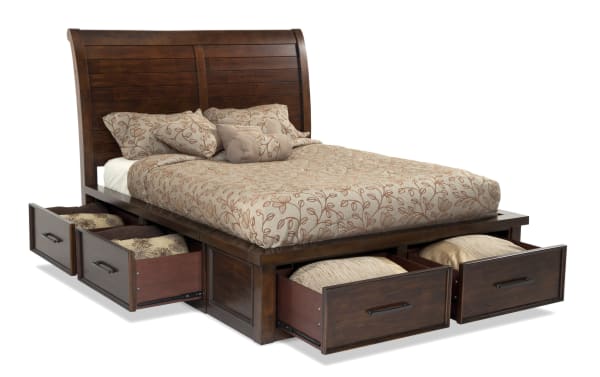 Hudson Queen Pecan Storage Platform Bed in transitional style with rustic pecan finish, paneled sleigh headboard, and six spacious drawers. Made from rubberwood, pine, MDF, mango veneers, and plywood with pewter hardware. Part of the Hudson Bedroom collection, offering functional under-bed storage and classic design.