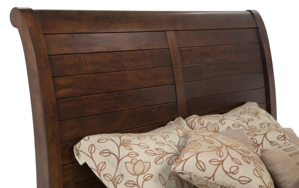 Transitional Hudson Queen Pecan Storage Platform Bed headboard in rich pecan finish, made of rubberwood, pine, MDF, mango veneer, and plywood with paneled sleigh design.