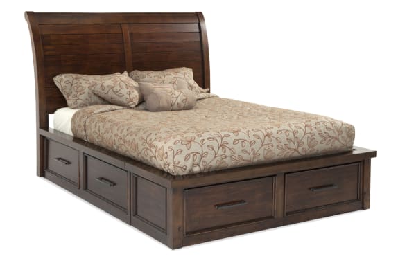 Hudson King Pecan Storage Platform Bed with six drawers, transitional style, rustic pecan finish, rubberwood and mango veneer materials, from Hudson Bedroom collection.