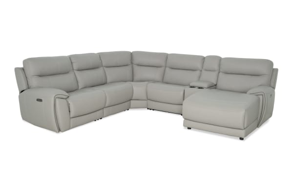Illusion Gray Leather 129'' power reclining 6-piece sectional with right arm chaise, power headrests, USB ports, cup holders, and drop-down table.