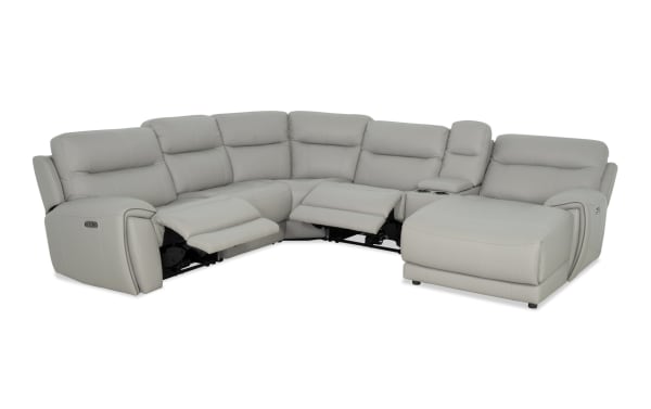 Gray Illusion transitional 6-piece leather sectional with power reclining seats, right arm chaise, power headrests, cup holders, and USB charging ports.