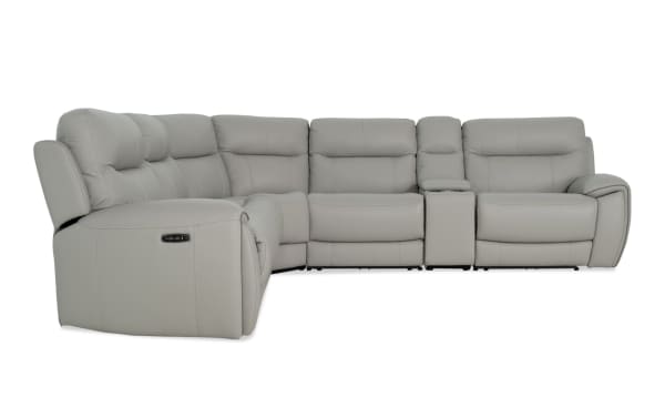 Illusion Gray Leather 128'' Power Reclining 6 Piece Sectional with power headrests, USB ports, wireless charging, cupholders, and drop-down table in gray leather.