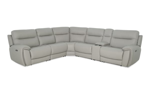 Gray Illusion 128" leather 6-piece sectional sofa with power reclining seats, power headrests, built-in cupholders, drop-down table, and USB ports.