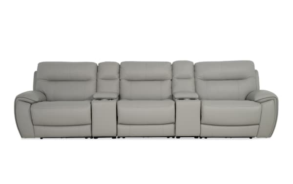 Illusion Gray 133" transitional 5-seat leather reclining sofa with armless chair, power headrests, USB ports, cup holders, and drop-down table.