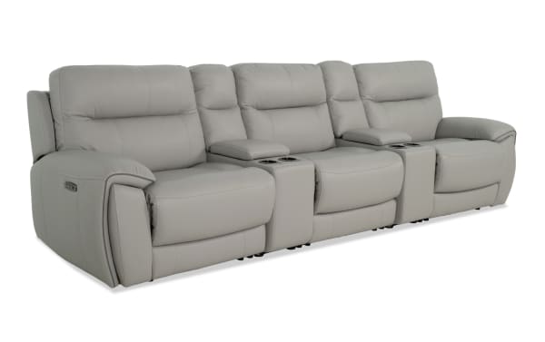 Illusion Gray Leather 133'' 5-seat transitional reclining sofa with armless chair, power headrests, cup holders, USB ports, wireless charging, and memory foam cushions.