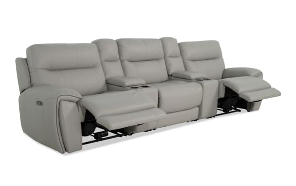 Illusion Gray Leather 133'' transitional 5-seat power reclining sofa with armless chair, power headrests, cup holders, USB ports, and wireless charging.