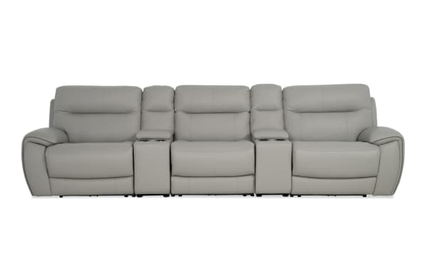 Illusion Gray Leather 133" transitional 5-seat power reclining sofa with armless power recliner, power headrests, USB ports, cup holders, and memory foam cushions.